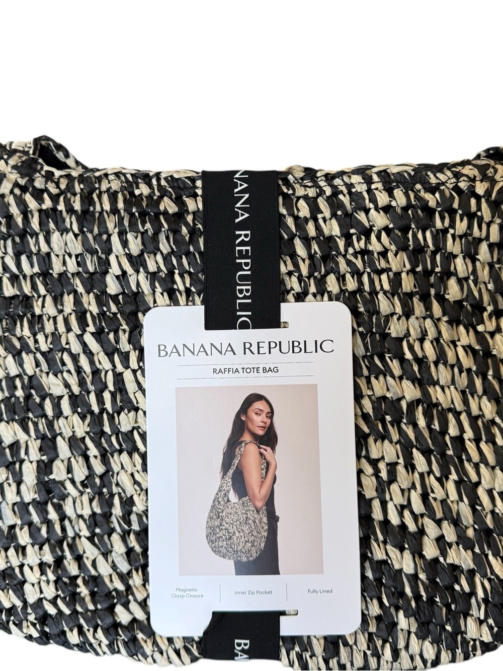 NEW Banana Republic Black & Natural Woven Raffia Tote